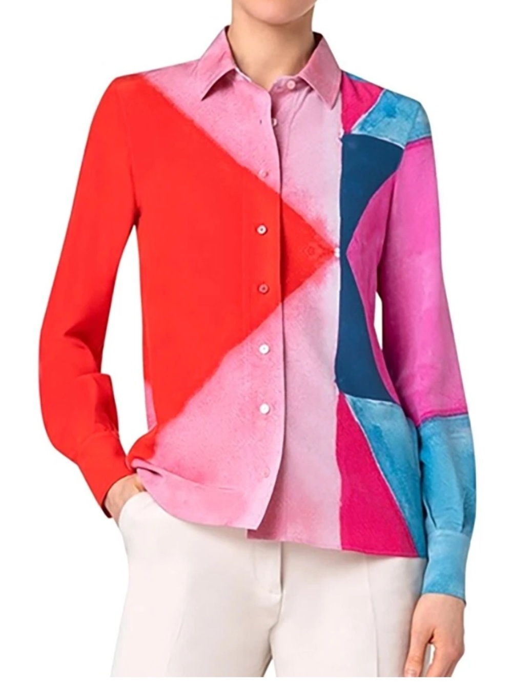 AKRIS Silk Spectra Print Button-Front Blouse Poppy Abstract Luxury *READ* Size 8